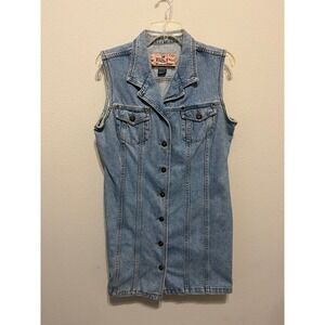Vintage EXPRESS Denim Vest Mini Dress Blue Button Front Sleeveless Women's